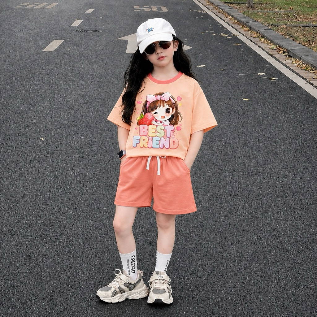 Bộ quần short bé gái in hình cô gái cute từ 30-46kg( tặng 10kt)