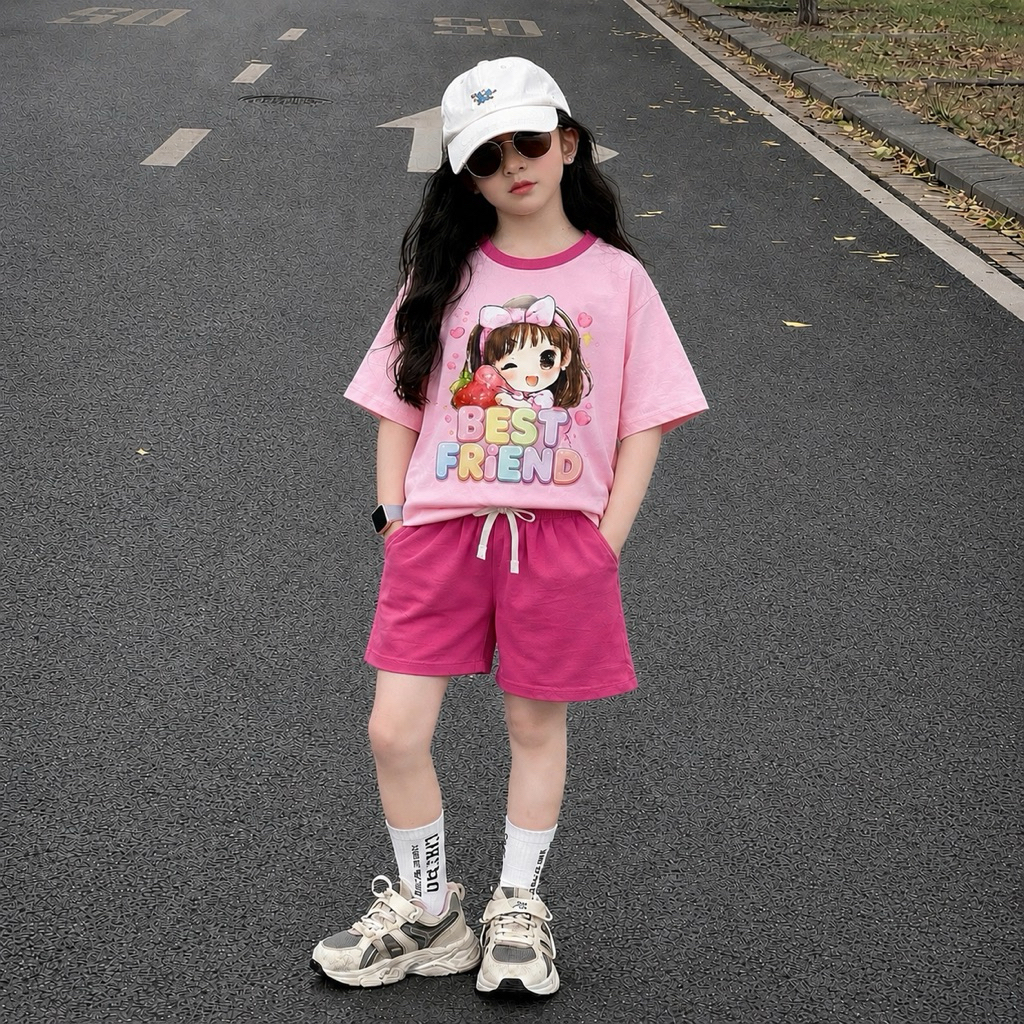 Bộ quần short bé gái in hình cô gái cute từ 30-46kg( tặng 10kt)