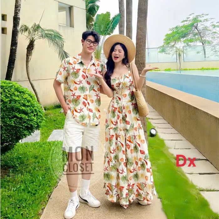 Set Đồ Đôi Đi Biển Họa Tiết Tropical Vỏ Ốc - Chất Mango Cao Cấp, Váy Maxi Nữ Phối Áo Sơ Mi Nam Sang Chảnh
