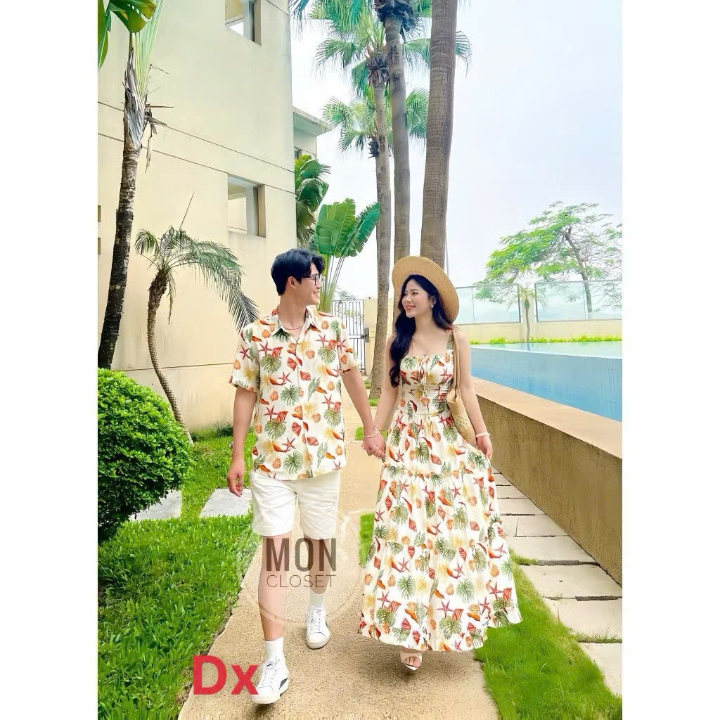 Set Đồ Đôi Đi Biển Họa Tiết Tropical Vỏ Ốc - Chất Mango Cao Cấp, Váy Maxi Nữ Phối Áo Sơ Mi Nam Sang Chảnh