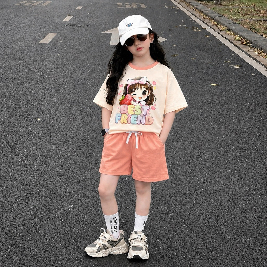 Bộ quần short bé gái in hình cô gái cute từ 30-46kg( tặng 10kt)
