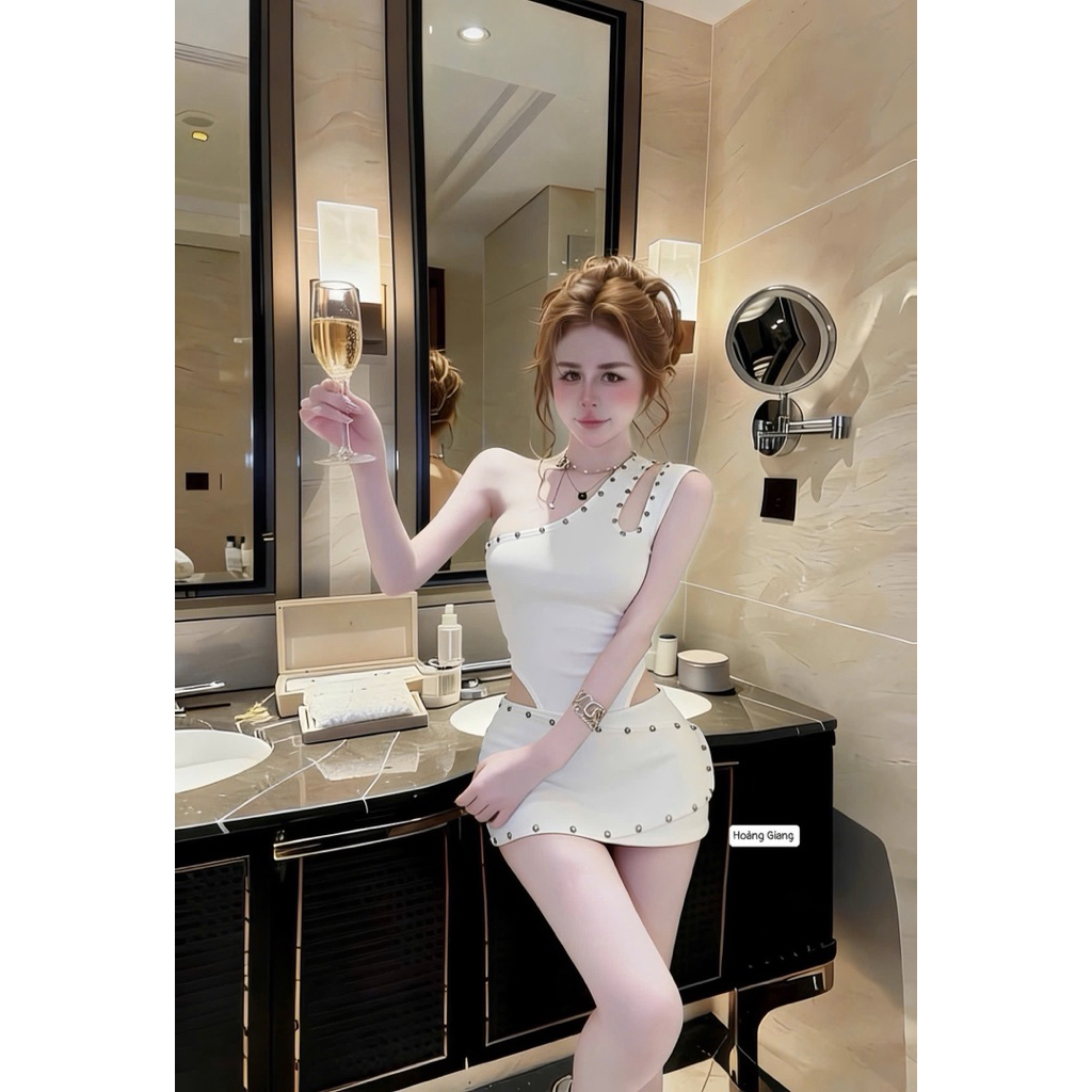Set áo lệch vai dập khuy mix chân váy ngắn S02
