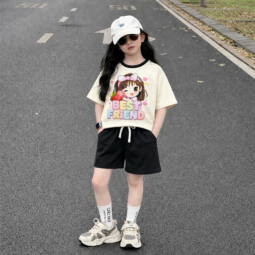 Bộ quần short bé gái in hình cô gái cute từ 30-46kg( tặng 10kt)