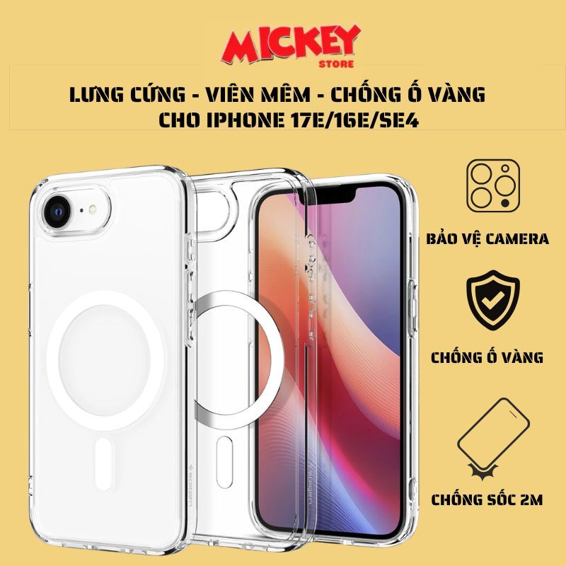 Ốp trong 16E/17E/SE4 lưng cứng viền mềm chống ố vàng hỗ trợ sạc không dây