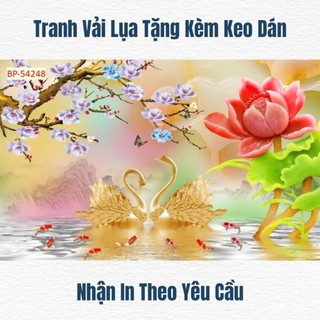 Tranh chim thiên nga dán tường, tranh hoa 3D trang trí phòng ngủ, tranh in trên chất liệu vải lụa(shop tặng kèm keo dán)