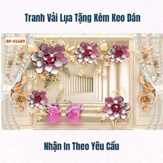 Tranh chim thiên nga trang trí phòng ngủ, tranh dán spa, tranh 3D dán tường in trên chất liệu vải lụa (tặng kèm keo dán)