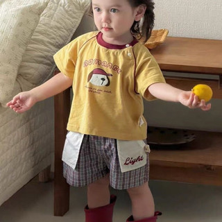 Set bộ áo thun cổ tròn hoạ tiết chó con + quần kẻ caro cho bé trai bé gái