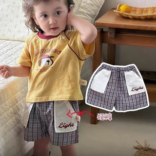 Set bộ áo thun cổ tròn hoạ tiết chó con + quần kẻ caro cho bé trai bé gái