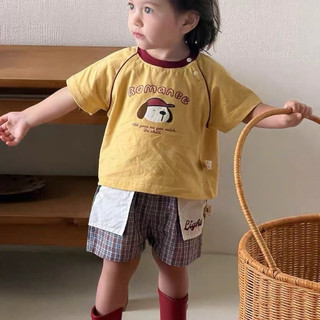 Set bộ áo thun cổ tròn hoạ tiết chó con + quần kẻ caro cho bé trai bé gái