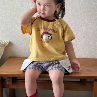 Set bộ áo thun cổ tròn hoạ tiết chó con + quần kẻ caro cho bé trai bé gái