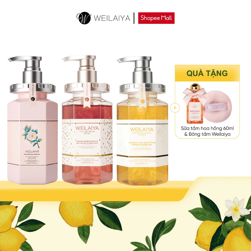 Combo 3 chai Sữa tắm nước hoa, trắng da toàn thân Weilaiya chiết xuất cánh hoa phù hợp cho mọi loại da 450ml