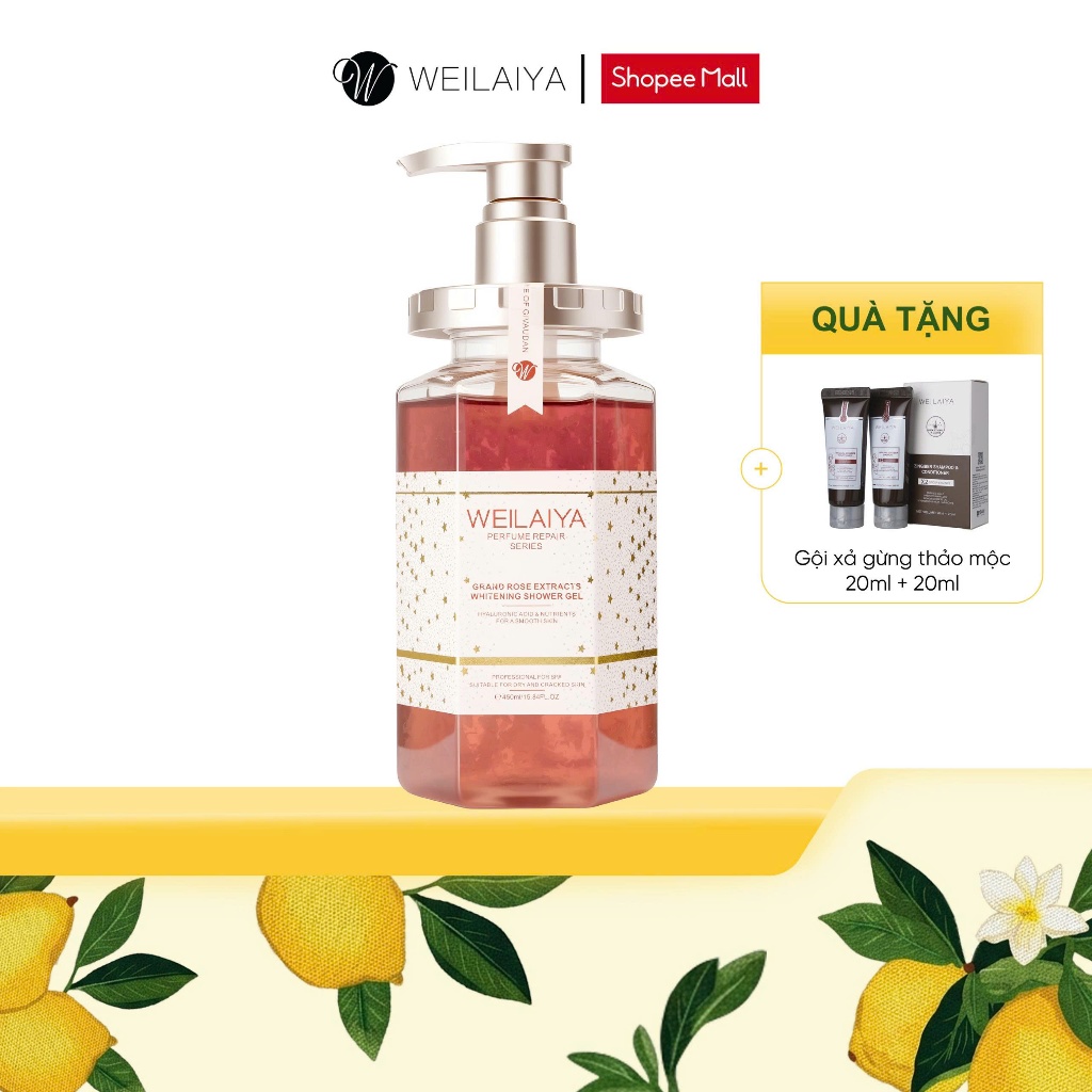 Sữa tắm trắng da cánh hoa hồng Damask Weilaiya hương nước hoa, trắng da toàn thân 450ml