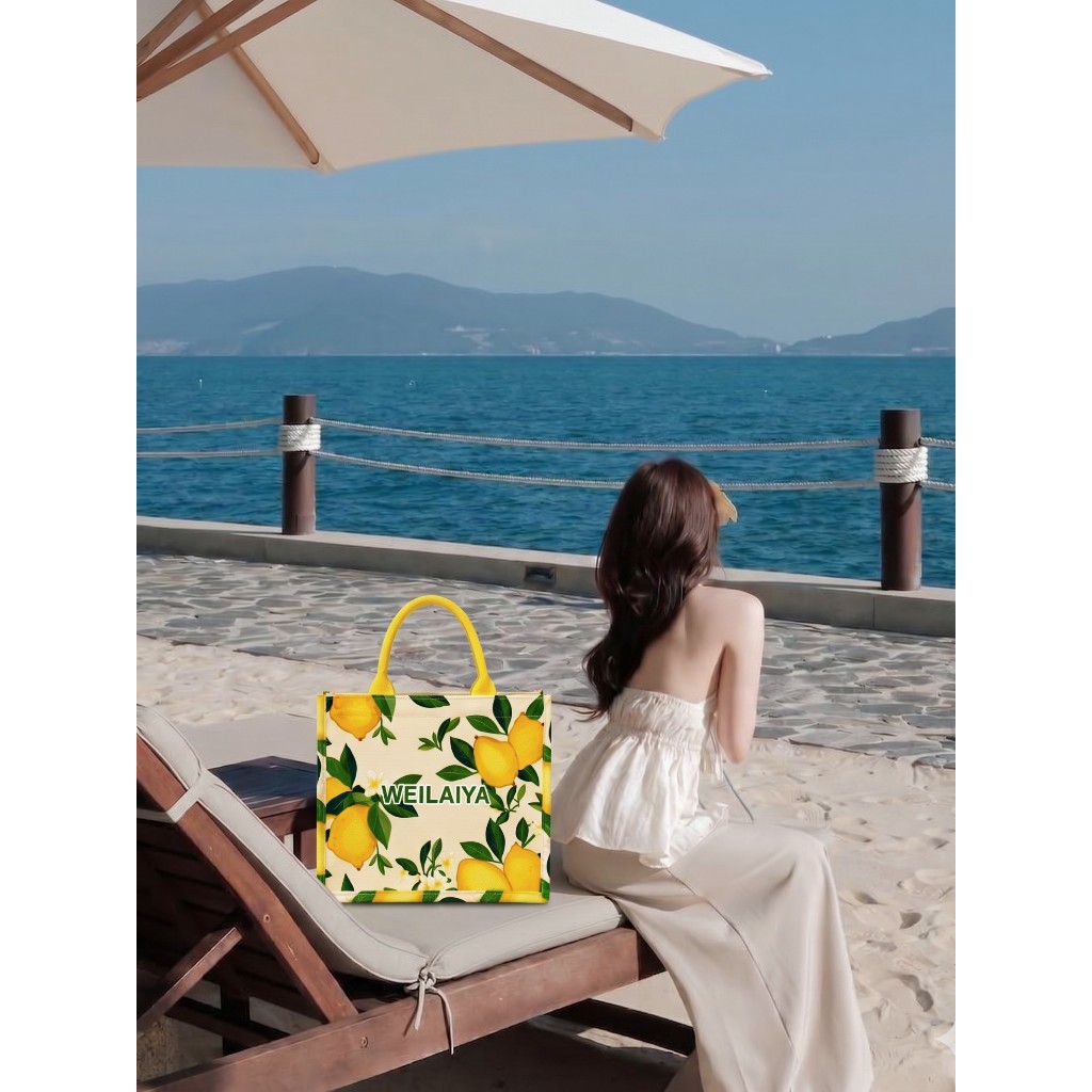 Túi cói du lịch, túi Vintage đi biển Weilaiya - họa tiết hoa lá tưới mát, thân thiện với môi trường