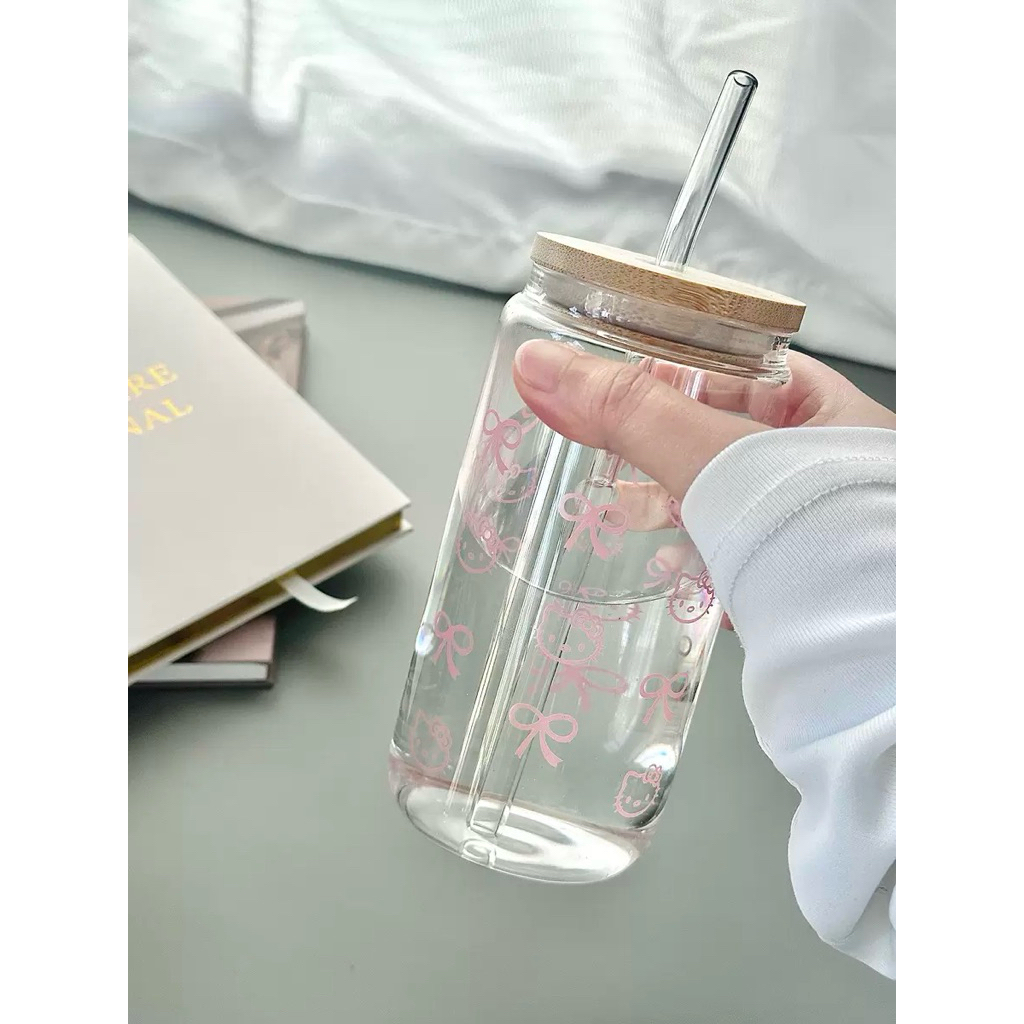 Ly thủy tinh nắp gỗ kèm ống hút thiết kế 500ml, Cốc thủy tinh chịu nhiệt cao,Ly thuỷ tinh có nắp, quà tặng