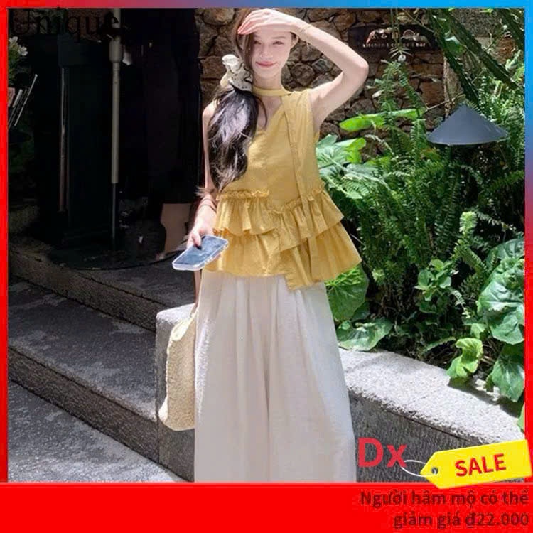 Set Bộ Nữ Áo Kiểu Sát Nách Cổ Yếm Mix Quần Ống Rộng - Chất Lụa Mango Cao Cấp, Tôn Dáng, Đi Chơi, Du Lịch
