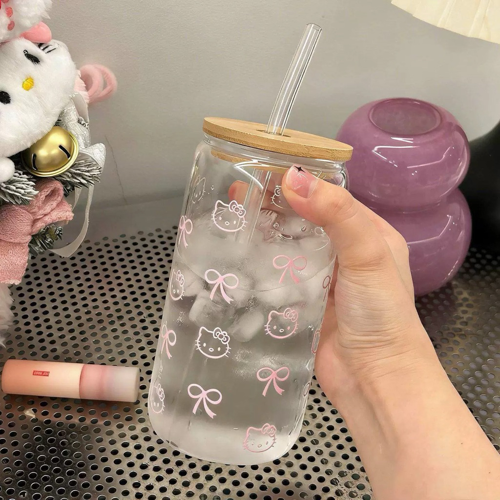 Ly thủy tinh nắp gỗ kèm ống hút thiết kế 500ml, Cốc thủy tinh chịu nhiệt cao,Ly thuỷ tinh có nắp, quà tặng