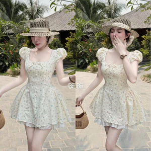 ĐẦM THÔ IN HOA TAY PHỒNG VIỀN REN ĐÍNH NƠ XOÈ BYJOLIE