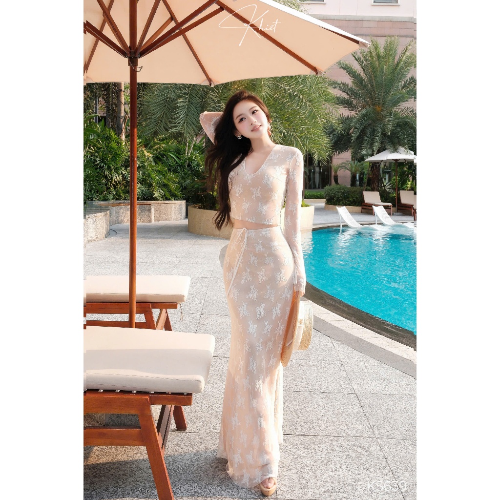 Set Váy Dài Tone Kem Lưới Thun Croptop Ôm Dịu Dàng Quyến Rũ Hiện Đại KS639