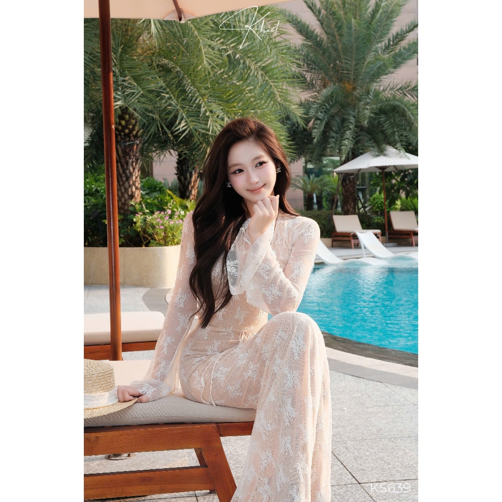 Set Váy Dài Tone Kem Lưới Thun Croptop Ôm Dịu Dàng Quyến Rũ Hiện Đại KS639