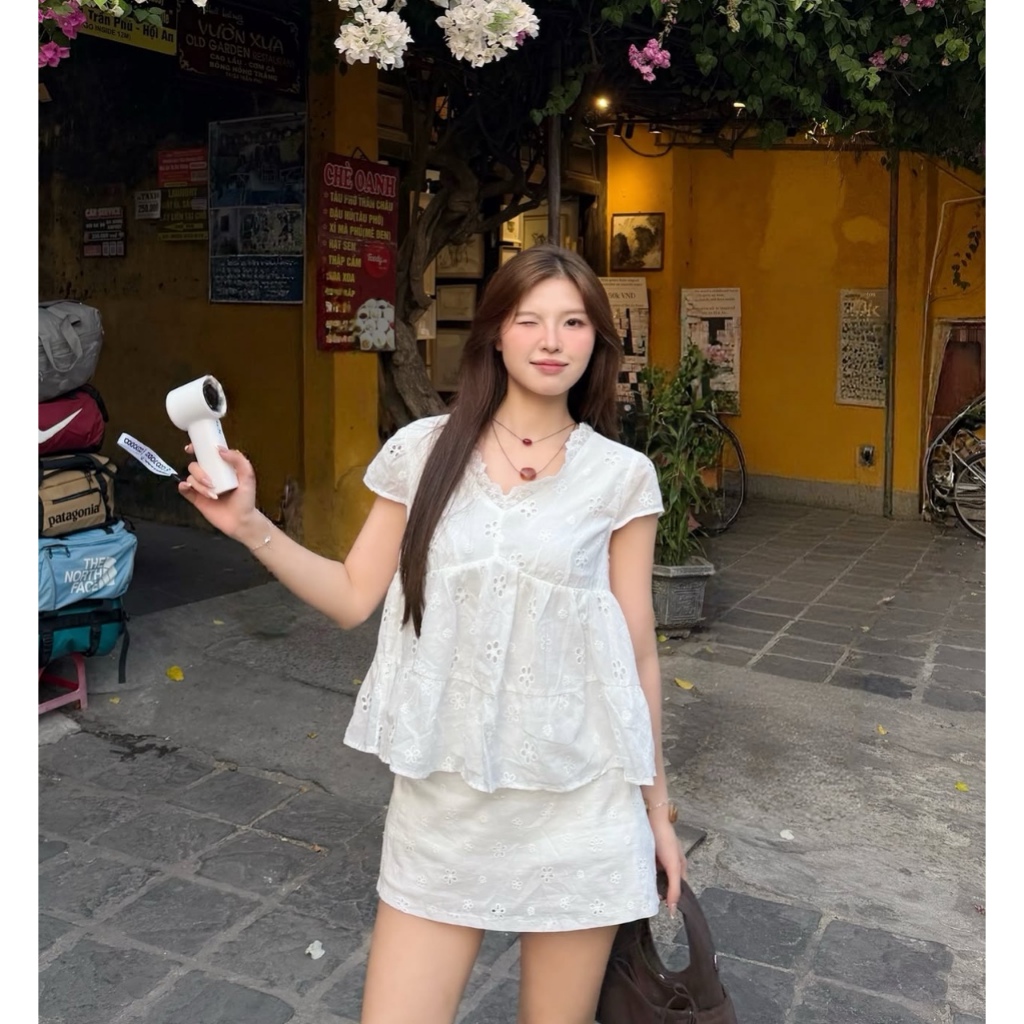 Áo babydoll cổ ren buộc nơ sau lưng, áo thô boi mỏng nhẹ 2 lớp LABEL A134