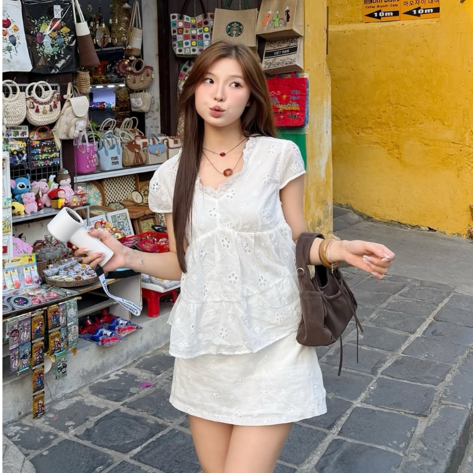 Áo babydoll cổ ren buộc nơ sau lưng, áo thô boi mỏng nhẹ 2 lớp LABEL A134