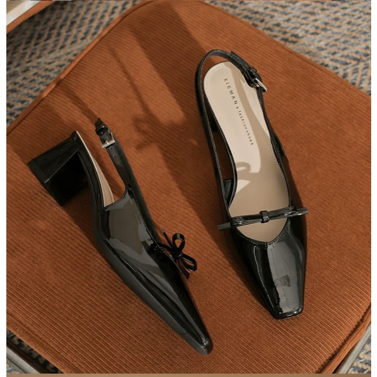 [PY] Sandal cao gót nữ bít mũi gót vuông 5cm nơ trái tim sang trọng da bóng mềm êm chân