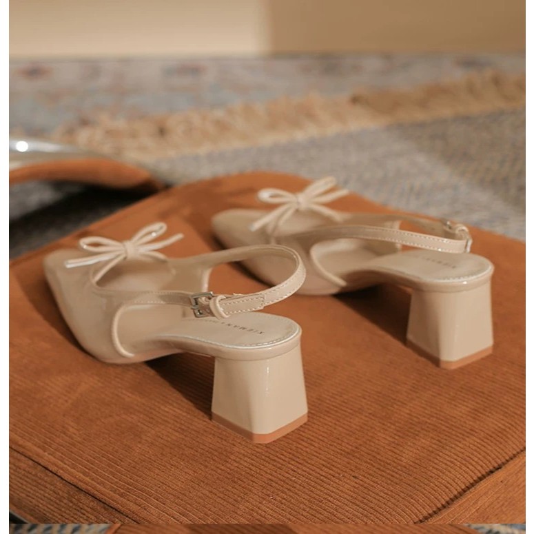 [PY] Sandal cao gót nữ bít mũi gót vuông 5cm nơ trái tim sang trọng da bóng mềm êm chân