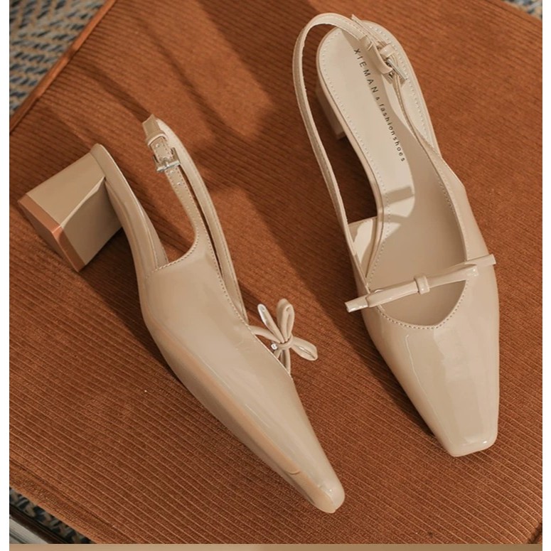 [PY] Sandal cao gót nữ bít mũi gót vuông 5cm nơ trái tim sang trọng da bóng mềm êm chân