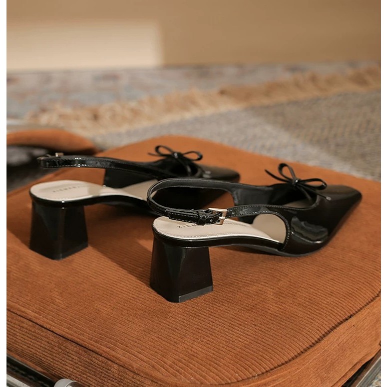 [PY] Sandal cao gót nữ bít mũi gót vuông 5cm nơ trái tim sang trọng da bóng mềm êm chân