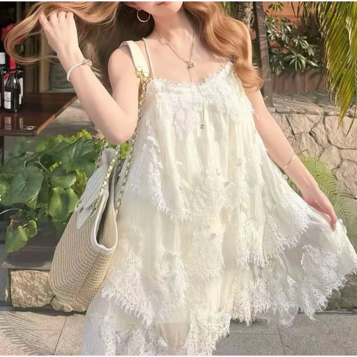 Đầm Babydoll Hai Dây Ren Tầng Tiểu Thư, Đầm Xòe Dáng Rộng Nữ Tính Mặc Đi Chơi, Du Lịch Biển Phong Cách Hàn Quốc Hot 2026