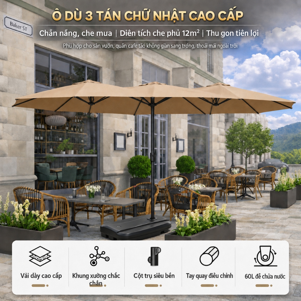 Ô dù che nắng 3 tán ngoài trời, diện tích lớn, chống tia UV, kèm kèm đế nước 60L, dùng cho sân vườn quán cafe