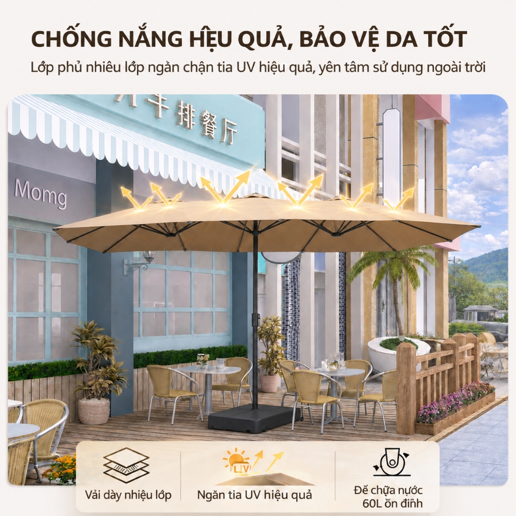 Ô dù che nắng 3 tán ngoài trời, diện tích lớn, chống tia UV, kèm kèm đế nước 60L, dùng cho sân vườn quán cafe