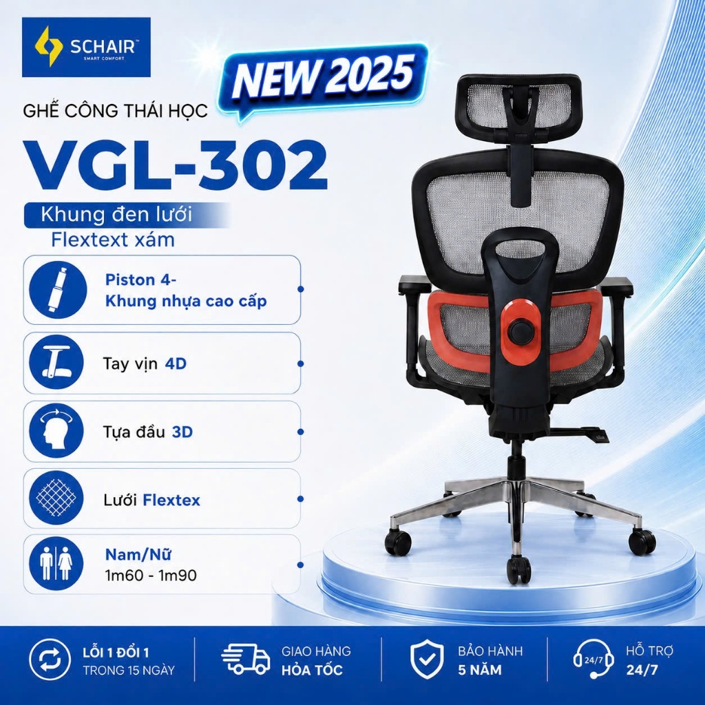 Ghế Công Thái Học VGL302PLUS, Lưới Thoáng Khí,Khung Hợp Kim Nhôm, Piston  4,[Bảo Hành Full 5 Năm]