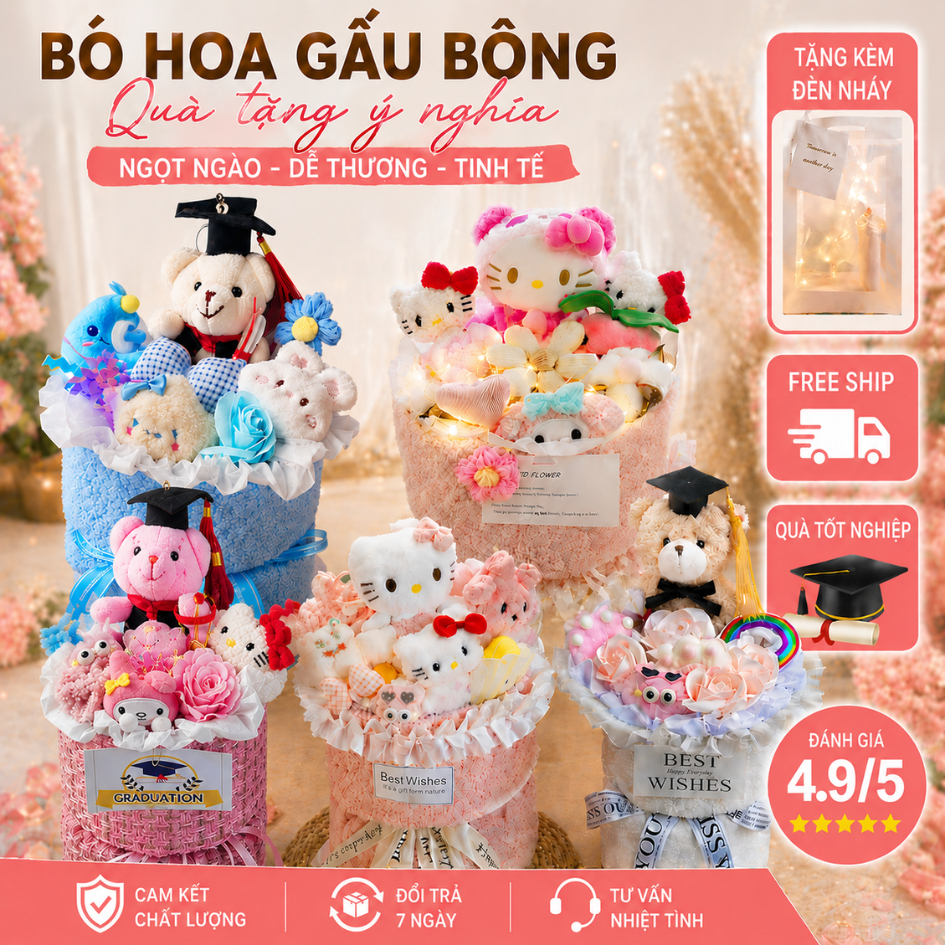 Bó hoa gấu bông siêu dễ thương.sét hoa quà tặng sinh nhật , tặng ký yếu tốt nghiệp ship hỏa tốc hn