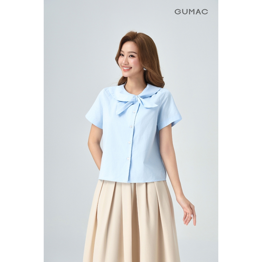 Áo Kiểu Nữ Gmorning - GUMAC Áo Sơ Mi Dáng Lửng Tay Ngắn Chất Kate Cổ Cách Điệu Thắt Nơ YAG04080