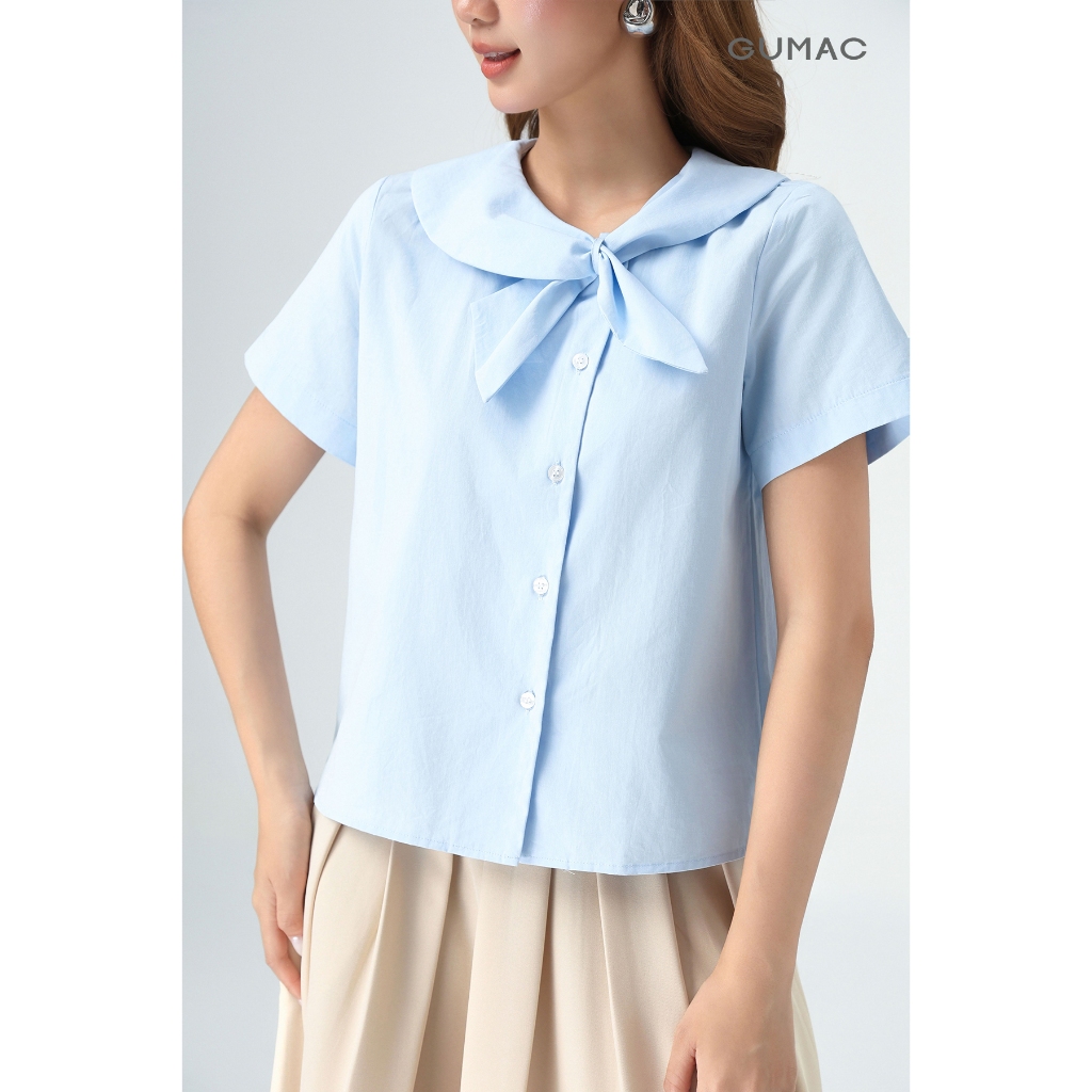 Áo Kiểu Nữ Tay Ngắn GMORNING Form Croptop Lửng Phối Cổ Cách Điệu Thắt Nơ Nút Cài Lệch Trẻ Trung YAG04080