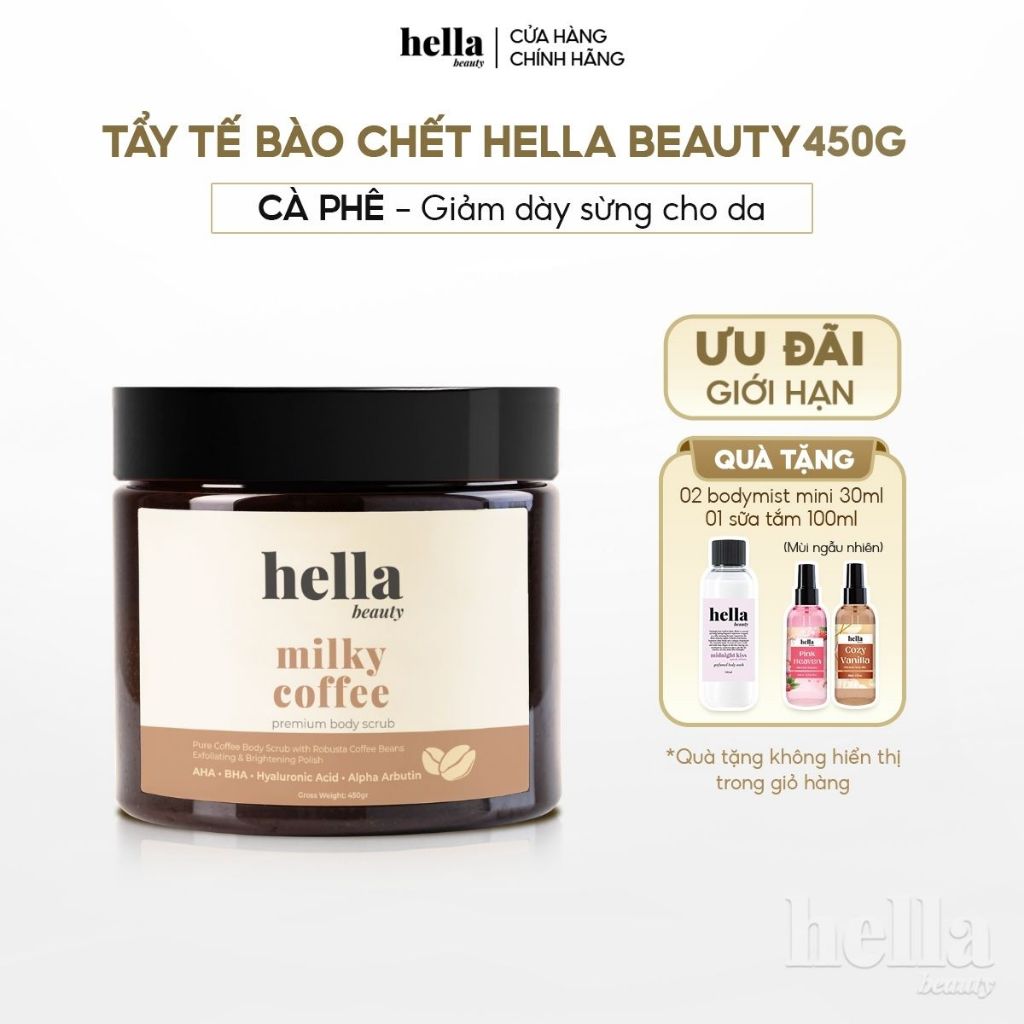 Tẩy tế bào chết body cà phê Hella Beauty 450g giúp làm sạch sâu hỗ trợ dưỡng sáng da