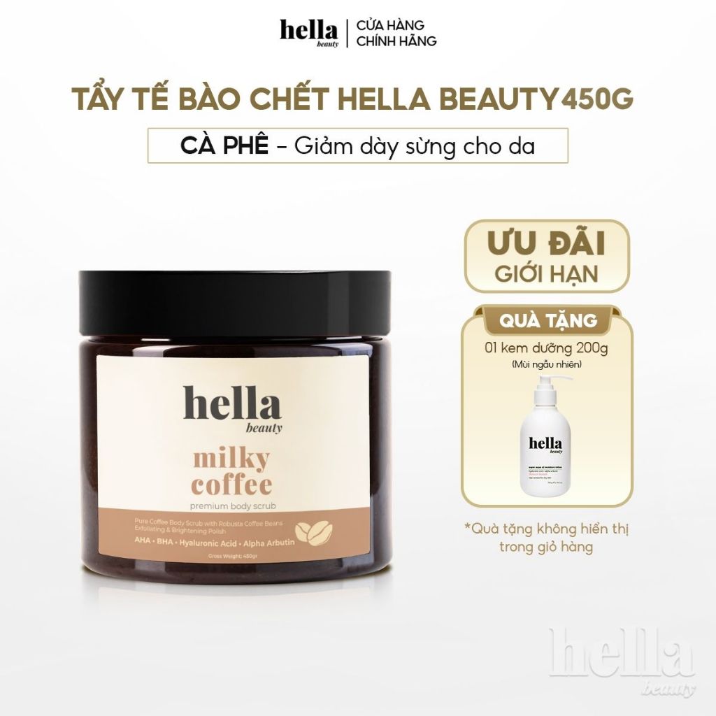 Tẩy tế bào chết body cà phê Hella Beauty 450g giúp làm sạch sâu hỗ trợ dưỡng sáng da