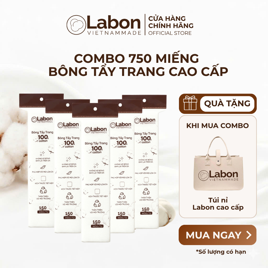 [TẶNG TÚI NỈ LABON CAO CẤP] Combo 5 gói bông tẩy trang vuông Labon sạch sâu sạch sâu, mềm mịn Cotton Pad 150 miếng/gói