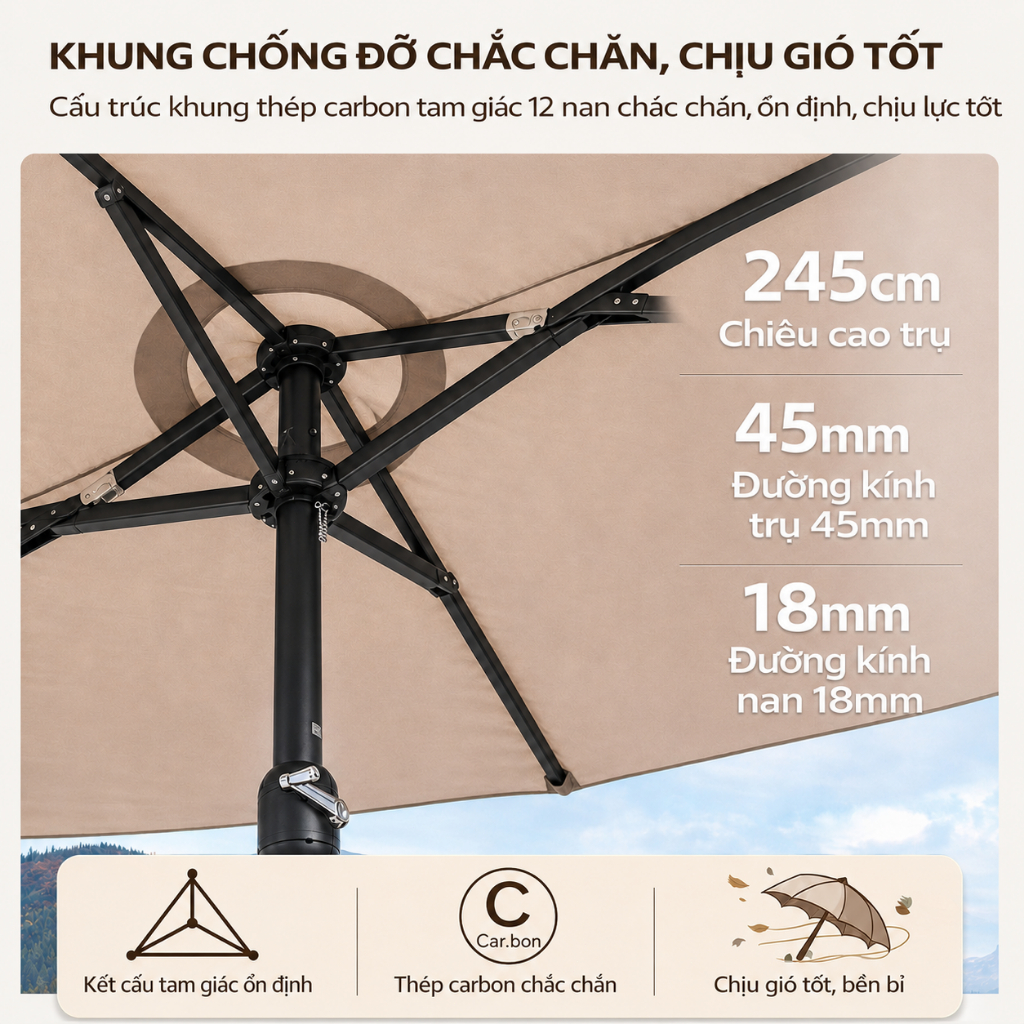 Ô dù che nắng 3 tán ngoài trời, diện tích lớn, chống tia UV, kèm kèm đế nước 60L, dùng cho sân vườn quán cafe
