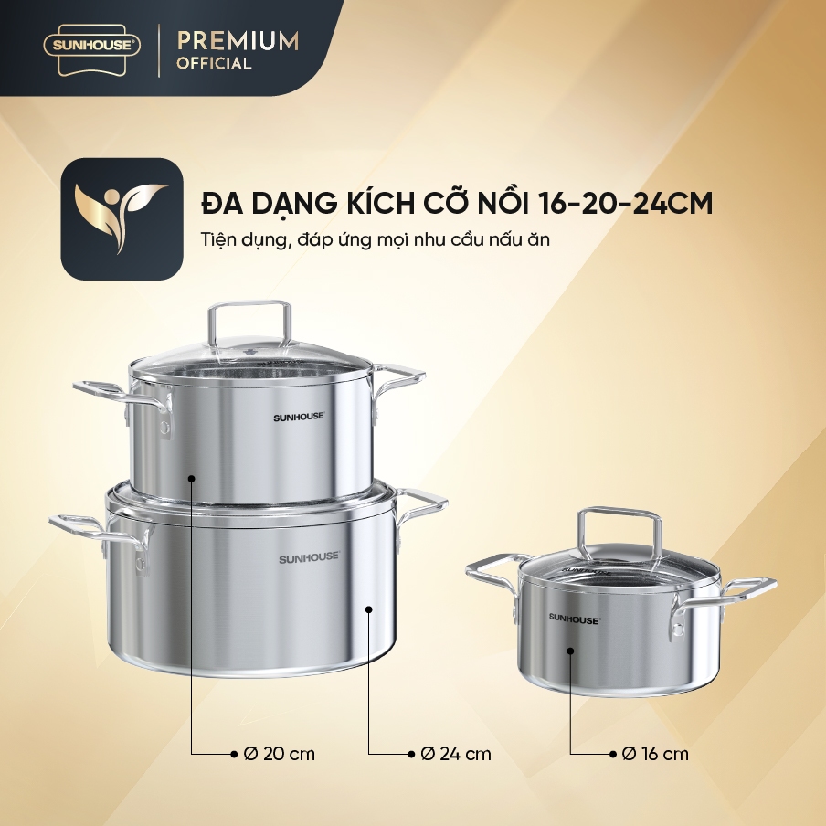 Bộ nồi inox 304 liền đáy Sunhouse Healthy SHG705 - Gồm 3 nồi size 16,20,24cm - Inox 304