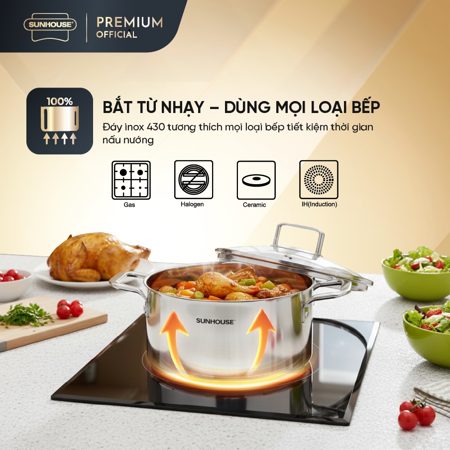 Bộ nồi inox 304 liền đáy Sunhouse Healthy SHG705 - Gồm 3 nồi size 16,20,24cm - Inox 304