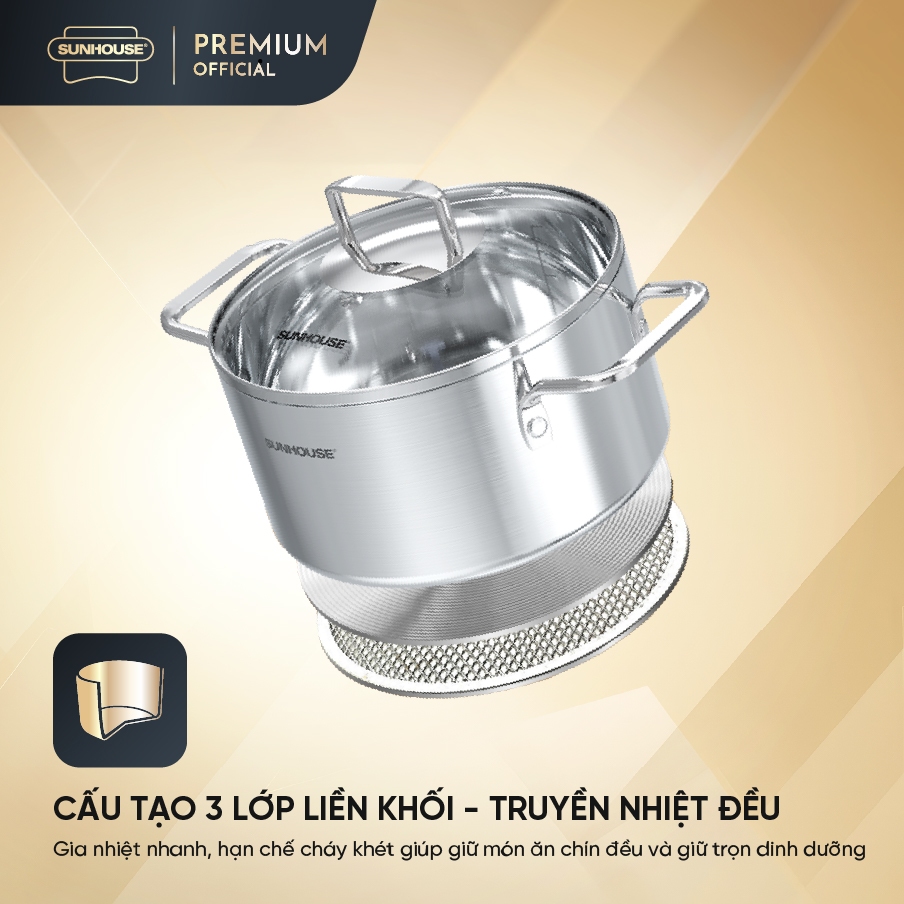 Bộ nồi inox 304 liền đáy Sunhouse Healthy SHG705 - Gồm 3 nồi size 16,20,24cm - Inox 304
