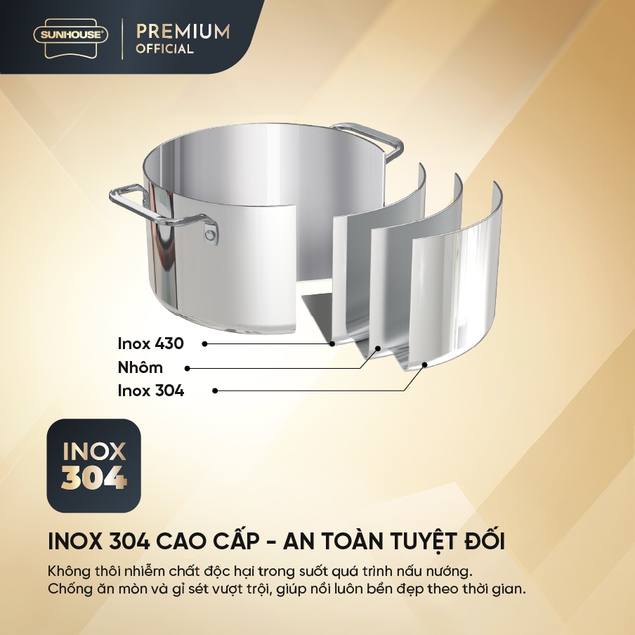 Bộ nồi inox 304 liền đáy Sunhouse Healthy SHG705 - Gồm 3 nồi size 16,20,24cm - Inox 304
