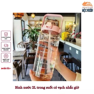 Bình nước trong suốt dung tích 2L, có vạch nhắc giờ, kèm stick dễ thương - tiện dụng, an toàn