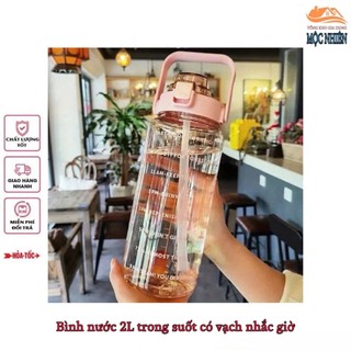 [Mẫu 2026] Bình nước trong suốt dung tích 2L, có vạch nhắc giờ, kèm stick dễ thương - tiện dụng, an toàn