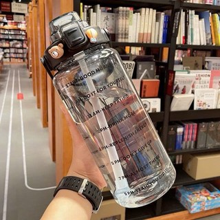 [Mẫu 2026] Bình nước trong suốt dung tích 2L, có vạch nhắc giờ, kèm stick dễ thương - tiện dụng, an toàn