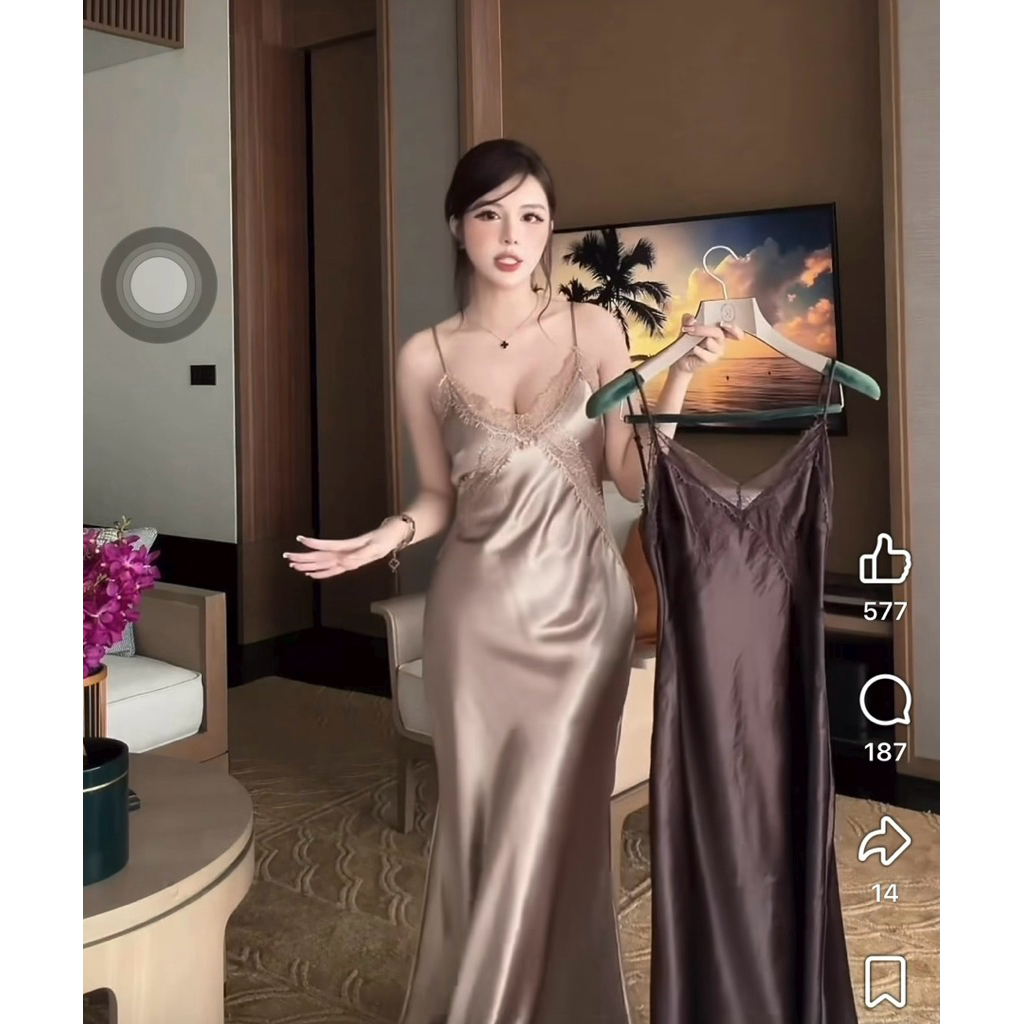 Đầm 2 dây lụa viền ren Mai Phương Bùi
