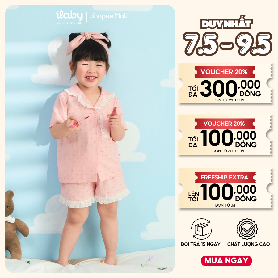 [ILABY 10-40kg] Đồ bộ mặc nhà bé gái, đồ bộ pijama cộc tay vải đũi xốp họa tiết trái tim [3870]