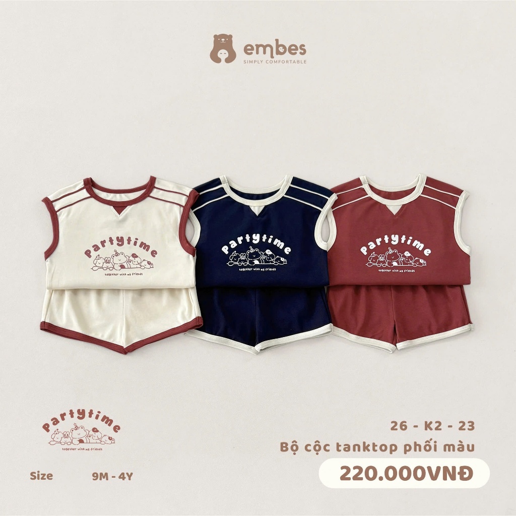 Bộ Cộc Cho Bé Embes, Bộ Tank Top In Hình Phối Màu Chất Cotton Mềm Mát Cho Bé Trai Size Từ 8-17Kg